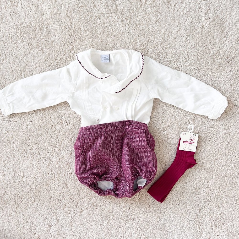 Herringbone Peter Pan Collar Long Sleeve Two Piece Set in Red